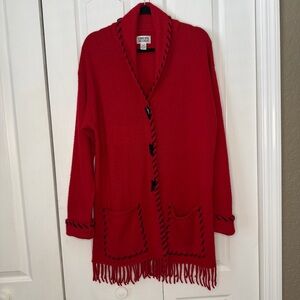 Chico's Bright Red Fringe 100% Lambs wool Cardigan size 2 (M 12)